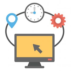 Computer,Monitor,With,Location,Pointer,Clock,And,Gear,,Online,Computer